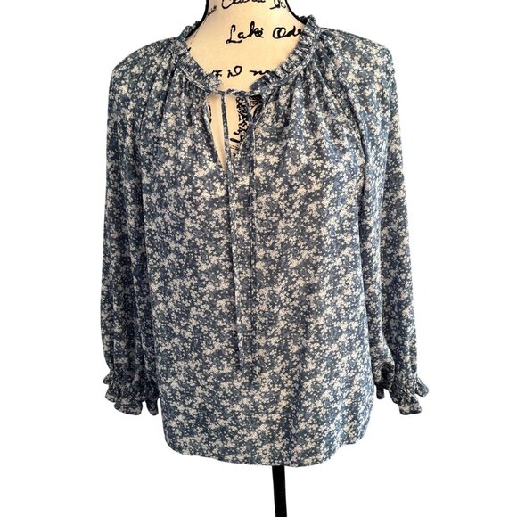 Loft Tie Neck Top Peasant Blouse Blue w/ White Stars Size Large Elastic Sleeves - Picture 1 of 9